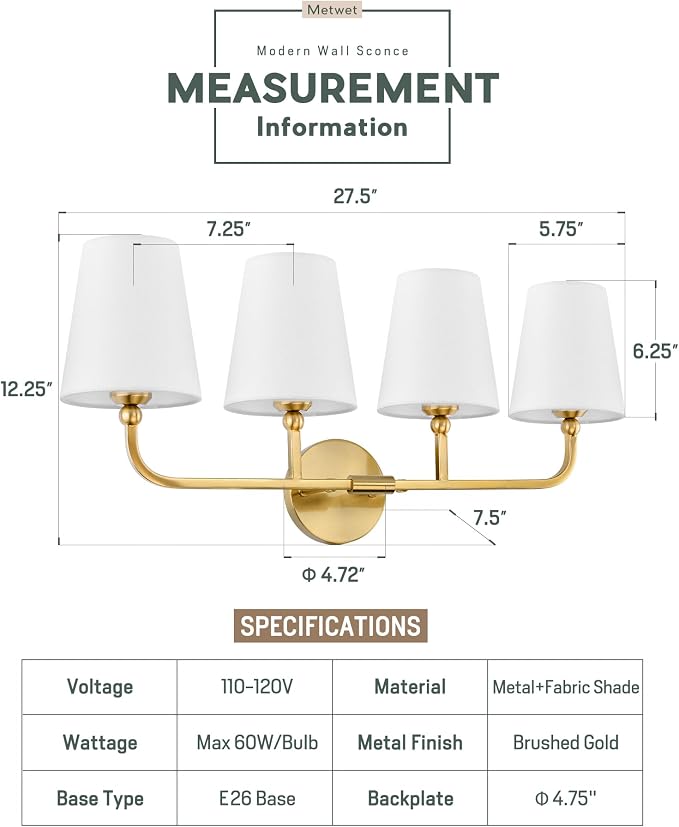 4-Light Brushed Gold Bathroom Vanity Light with White Fabric Shade | 28 Inch gold bathroom light fixture over mirror, UL listed, E26 bulbs, hardwired, upward only, VL837-BG-4K