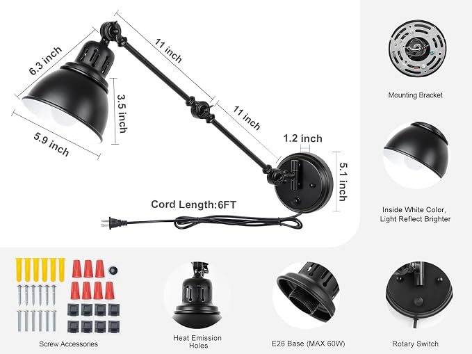 GOODATE 2 Pack Plug in Wall Sconces, Dimmable On Off Switch, Swing Arm Wall Lamps, Wall Sconces Set of Two, Black Metal Industrial, Plug-in or Hardwired (Black, Without Bulbs+Remote)