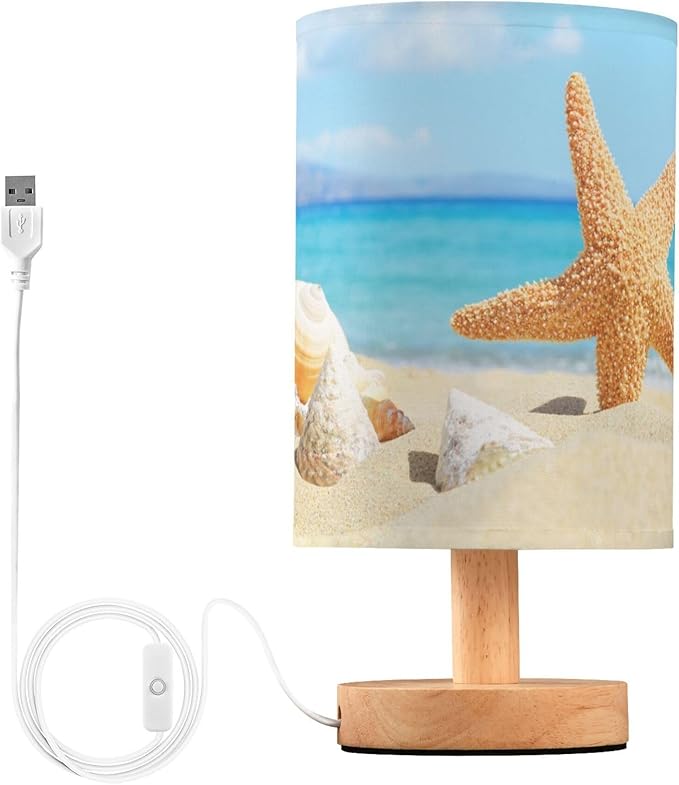 Table Lamp Ocean Beach Starfish Seashell Stone Blue Sky Nightstand Lamp with Wood Base Fabric Lamp Shade Bedside Desk Lamp for Living Room Bedroom Kids Room Office