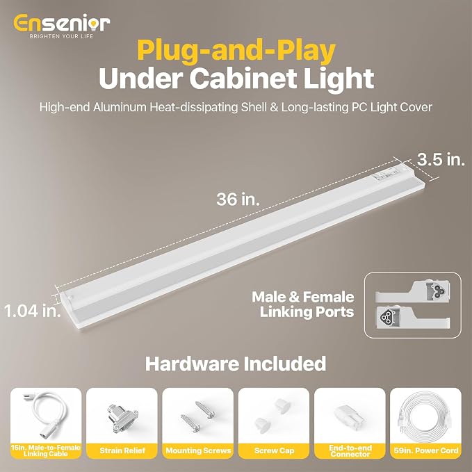 Ensenior Plug in or Hardwired Under Cabinet Lighting, 36 Inch 18W, 2 Pack | Heat-dissipating Aluminum, Built-in Switch & 4-Level Dimmer, 5 Colors, 2 Link Options, True-Color CRI90+, Moisture-Proof, FCC