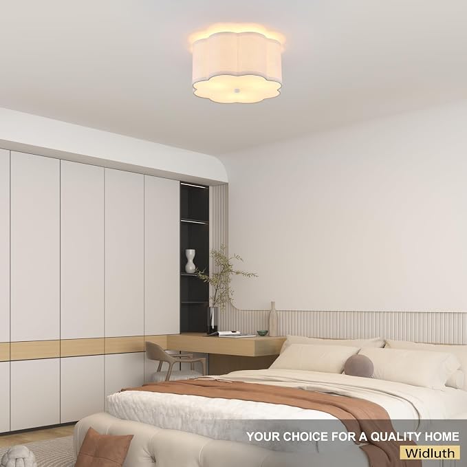 13" Modern White Semi Flush Mount Ceiling Light Fixture, 3-Light | White Linen Petal Shade, Modern Style For Bedroom, Hallway And Kitchen; Close-To-Ceiling, E26, Dimmable, Easy Install
