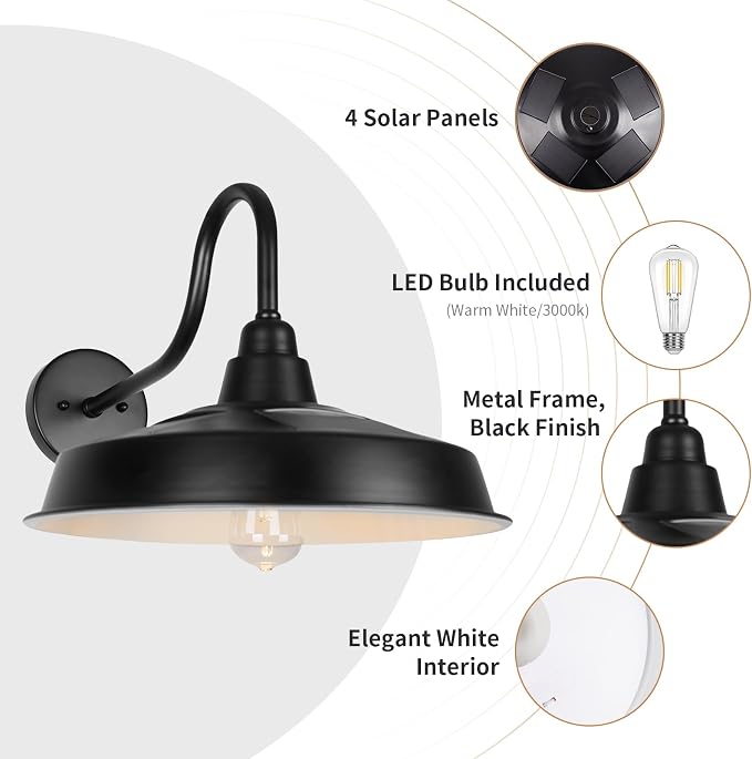 Solar Barn Lights Outdoor, 16 Inch Dome Wall Lights Solar Powered, Farmhouse Exterior Wall Sconce, Industrial Outside Light Fixtures, Rustic Lantern for Garage, Barn, Shed, RZSR020W-2