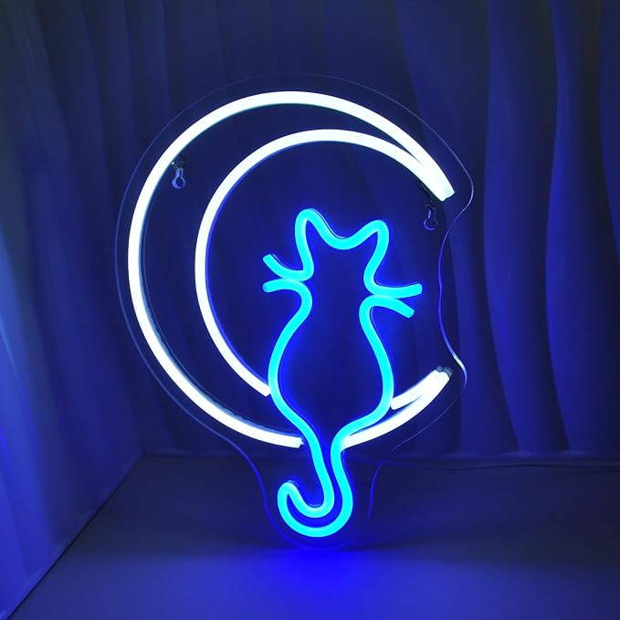 JEDAEMEN Moon Cat Neon Signs for Wall Decor White Blue LED Sign Neon Lights | Moon Cat Led Light Sign Preppy Room Decor Light Up Sign for Birthday Party Decoration USB Powered