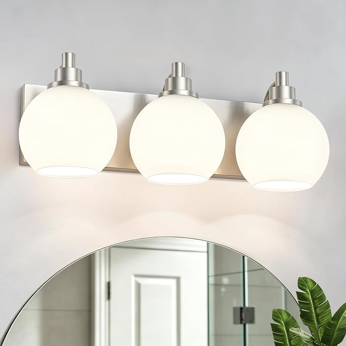 IZORRO Bathroom Light Fixtures, 3-Light Brushed Nickel Vanity Light, Modern Wall Sconces with Globe Milk White Glass Shade, Vanity Lighting Fixtures Over Mirror,E26 Bulb Socket