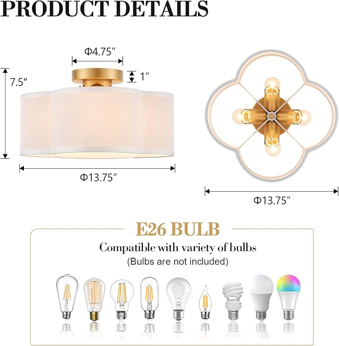 VILUXY Gold Semi Flush Mount Ceiling Lights, 4-Light Modern Ceiling Light Fixture with White Pleated Fabric Shade in Flower Shade Nursery Light Fixture for Hallway Bedroom