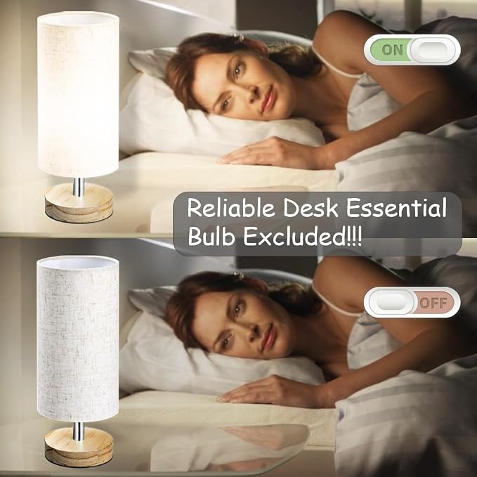 Bedside Table Lamps, Table Lamp for Bedroom, Lamps for Night Stands with Linen Lampshades, Small Table Lamp for Living Room, Office (Bulb Excluded) (Wood)