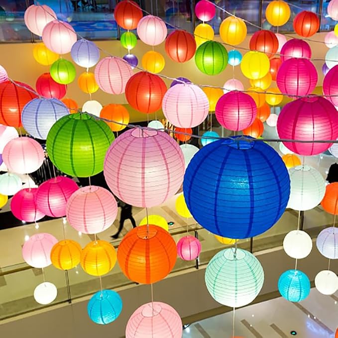 ZOOYOO Rainbow Paper Lanterns,Fiesta Mexican Party Round Hanging Paper Lanterns Decoration for Wedding,Graduation,Anniversary,Carnival,Birthday Party,Home,Garden Decoration 12PCS
