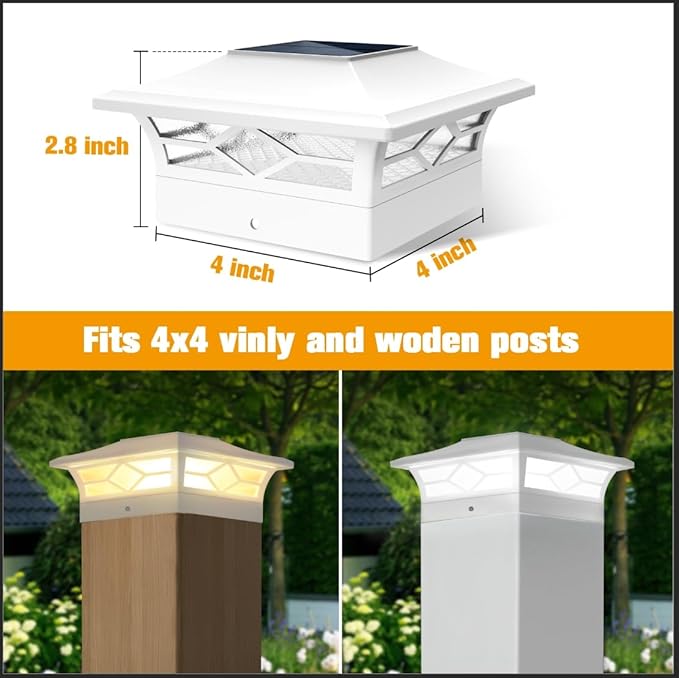 Solar Fence Post Lights 6pack, Cap Lights for 4x4/5x5 Vinyl Fence and 4x4/6x6 Wooden Post, Warm White/Cool White Lighting, White Solar Cap Outdoor Waterproof Decorate Garden Pathway Deck Patio