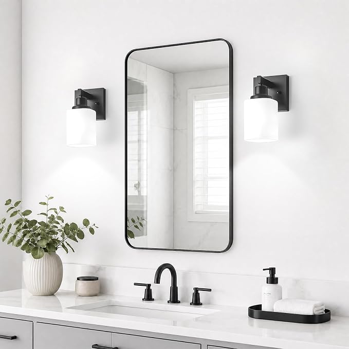 Set of 2 Wall Sconces for Bathroom, Black Bathroom Vanity Light,Modern Wall Sconces Indoor with Square Frosted Glass,Farmhouse Wall Lamp for Bedroom Living Room Mirror Hallway