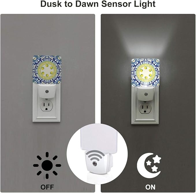 Lemon Yellow Summer LED Plug-in Night Lamp 2 Piece Set, Auto Sensor Nightlights Set of 2 for Bedroom Bathroom Stairs