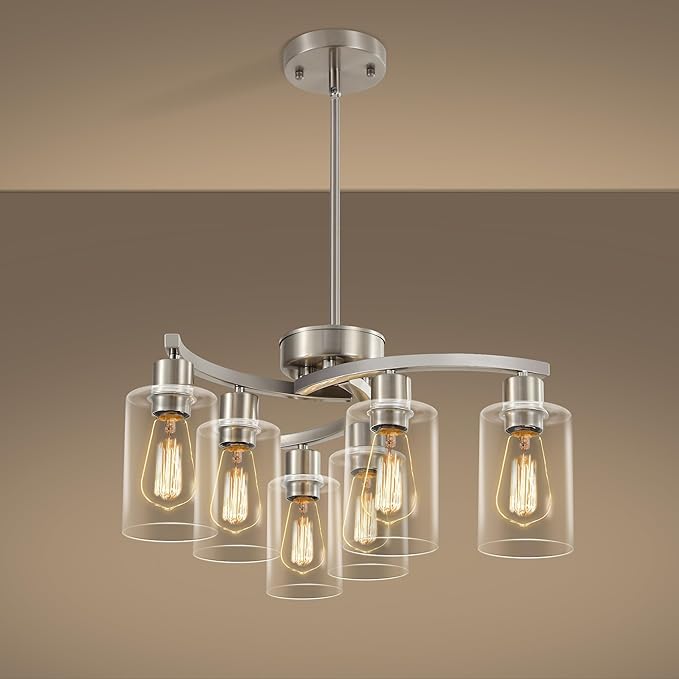 6 Light Farmhouse Brushed Nickel Chandelier,21.7" Modern Chandeliers for Dining Room Light Fixtures Over Table,Pendant Lights Kitchen Island,Metal Bracket with Downward Clear Glass Shade
