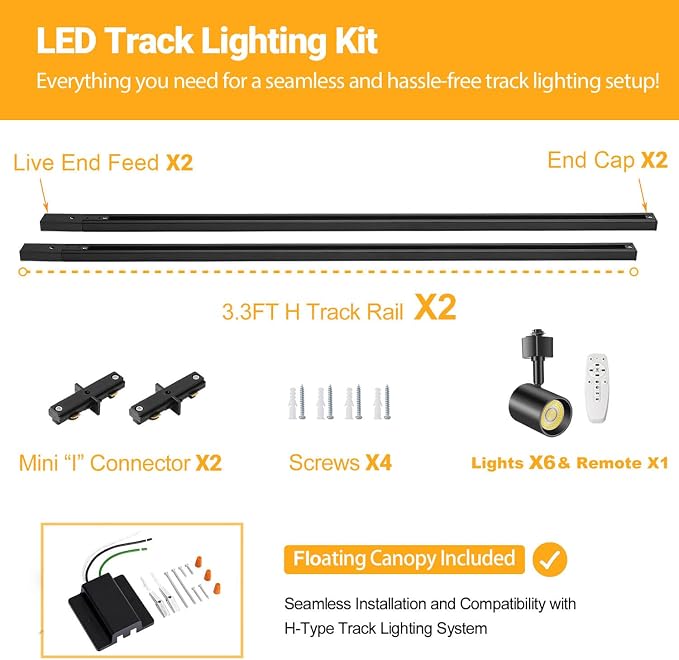 6 Lights Remote Control LED Track Lighting Kit Dimmable, 10W Black | 6.6FT H Type Track Lighting Rails & Floating Canopy Connector, Modern Kitchen Ceiling Light Fixture , 2700K-6000K, 800lm