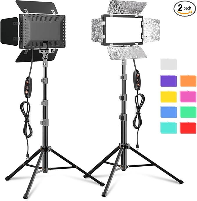2 Pack LED Video Photography Lighting Kit with 54'' Tripod Stand, Dimmable 5600K USB Studio Lights with Barndoor -9 Color Lighting for Video Recording, Photo Studios, YouTube, TikTok, Game Streaming