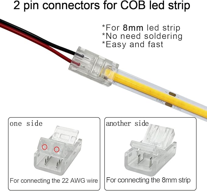 HAMRVL 12 Pack 8mm Cob Led Strip Light Connectors 2 Pin, Led Strip to Wire Solderless Transparent Track Lighting Adapter Connection with 6M/19.68ft Led Wire Extension Cable for White Led Tape 12/24V