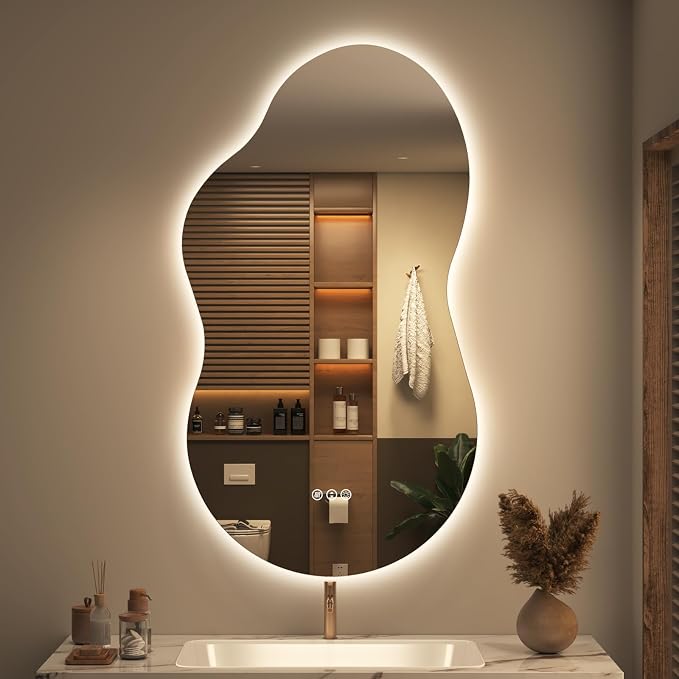 SMIROR 20x36 Irregular Backlit Led Lighted Bathroom Vanity Mirror | Asymmetrical, Cloud Shape, Anti-Fog, 3 Colors, Dimmable, Memory, Tempered Glass, UL