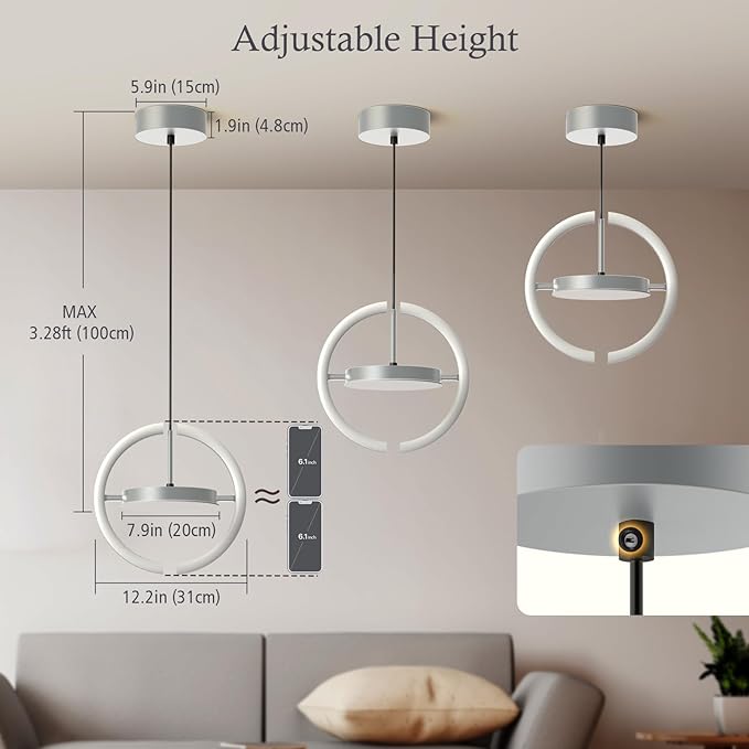 FIMEI LED Saturn Pendant Lights, 3000-6000K Dimmable Adjustable Hanging Chandelier Saturn Ring Design for Dining Room Kitchen Island Entryway Bedroom Foyer Black (Gray, 2)