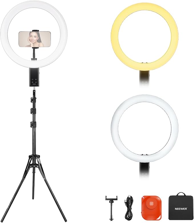 NEEWER 12" Selfie Ring Light with App Control/Remote/Tripod Stand, 3200mAh LED Bi Color CRI95 2900K-7000K Ringlight Circle Lighting Compatible with iPhone Vlog Makeup Studio Video Recording, RB12B