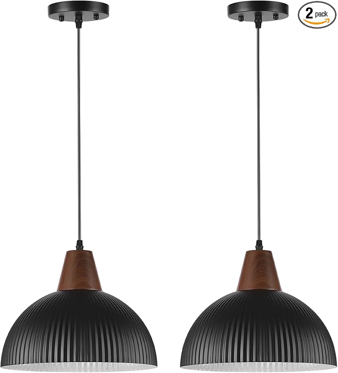 Black Pendant Lights Kitchen Island 2 Pack, 11.8" Farmhouse Pendant Lighting Metal Solid Wood Dome Hanging Light for Dining Room Bedroom Bar Sink