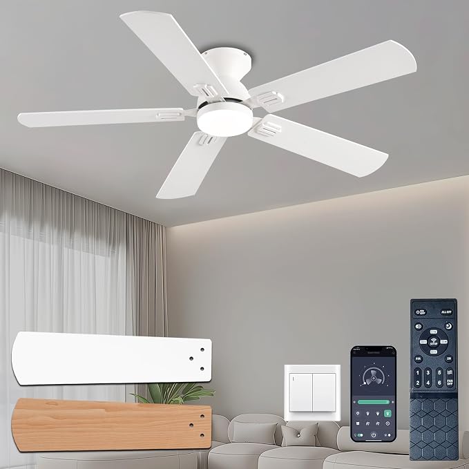 KNUN 52 inch Ceiling Fans with Lights, White Low Profile Ceiling Fan with Remote Control and App, Double-sided Fan Blades, 3CCT Dimmable LED, Noiseless, Flush Mount Ceiling Fan for Bedroom, Patio.