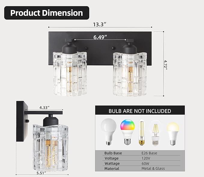 Matte Black Crystal Bathroom Vanity Light,2 Lights Modern Bathroom Wall Light,Over Mirror Light Fixtures for Living Room, Bedroom, Hallway