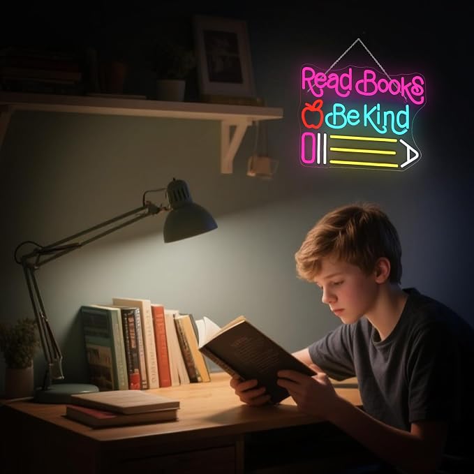 Read Books Be Kind Neon Sign Adjustable Brightness Student LED Neon Light Light Up Colorful Neon Sign Suitable for Classroom Study Room Library Bookstore
