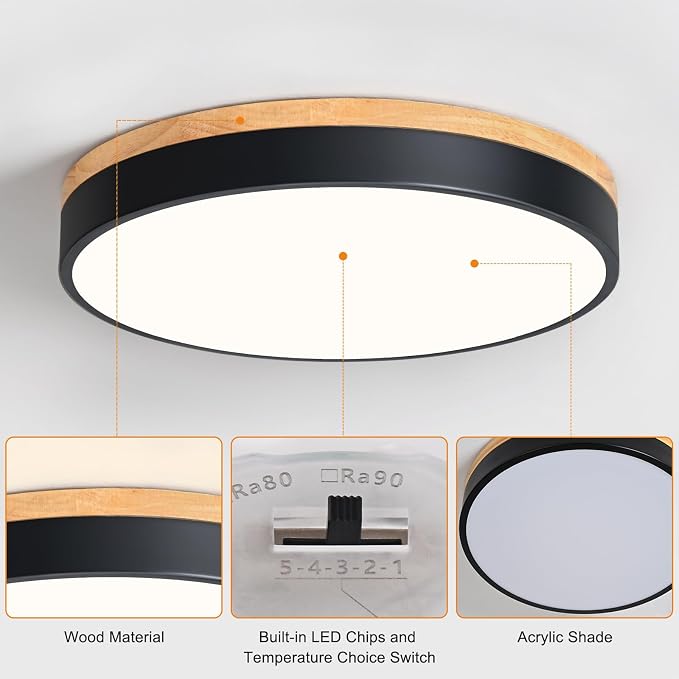 Yiisem Dimmable Wood LED Flush Mount Ceiling Light, Black, 15.8 in | 5CCT 2700K-6000K Modern Close to Ceiling Lighting Fixtures, Round Ceiling Lamp for Living Room, Bedroom, Laundry Room