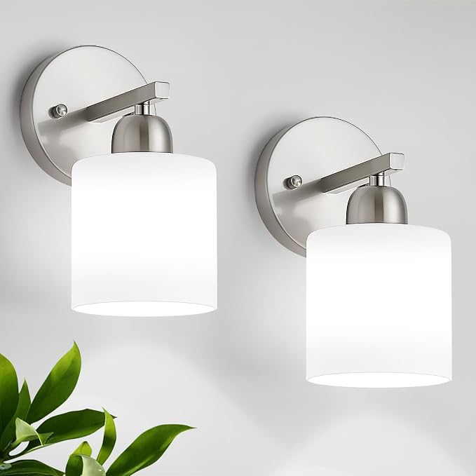 Brushed Nickel Bathroom Light, Anti-Rust Finish 2PCS Light Bathroom Vanity Light Brushed Nickel, Milky White Frosted Glass Shades, E26 Socket