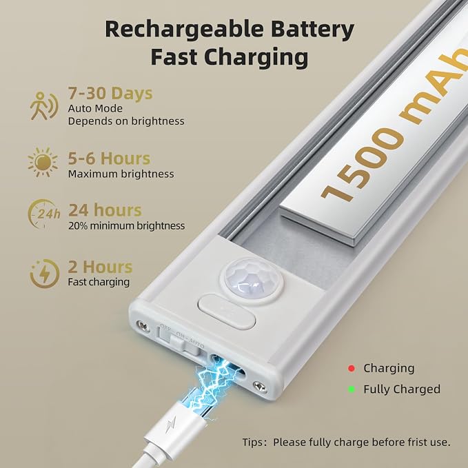 5 Pack Dimmable Under Cabinet Lighting, 32 LED Rechargeable Battery Motion Sensor Light Indoor, Stick On Magnetic Closet Lights, Under Counter Lights for Kitchen, Stairs, Warm Light 8 in