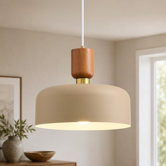 12" Mid Century Modern Pendant Lights Kitchen Island with Brown Metal Shade | Wood Brass Industrial Hanging Light over Sink, Farmhouse Vintage Ceiling Lighting Fixture for Dining Room Entryway Hallway
