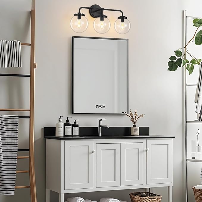 Black Bathroom Vanity Light Fixtures Over Mirror, Modern Matte Black 3 Lights Wall Sconce Lighting with Transparent Glass Ball Shade, Mid Century Farmhouse Vanity Lights