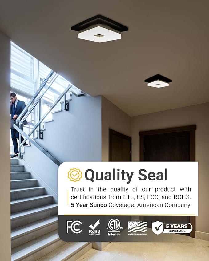 Sunco 8 Inch Square LED Ceiling Light Fixture Flush Mount, Black, High Brightness 1800LM, Selectable CCT 3000K/4000K/4500K/5000K/6500K, Modern Ceiling Light for Bathroom, Kitchen, Hallway, Damp Rated