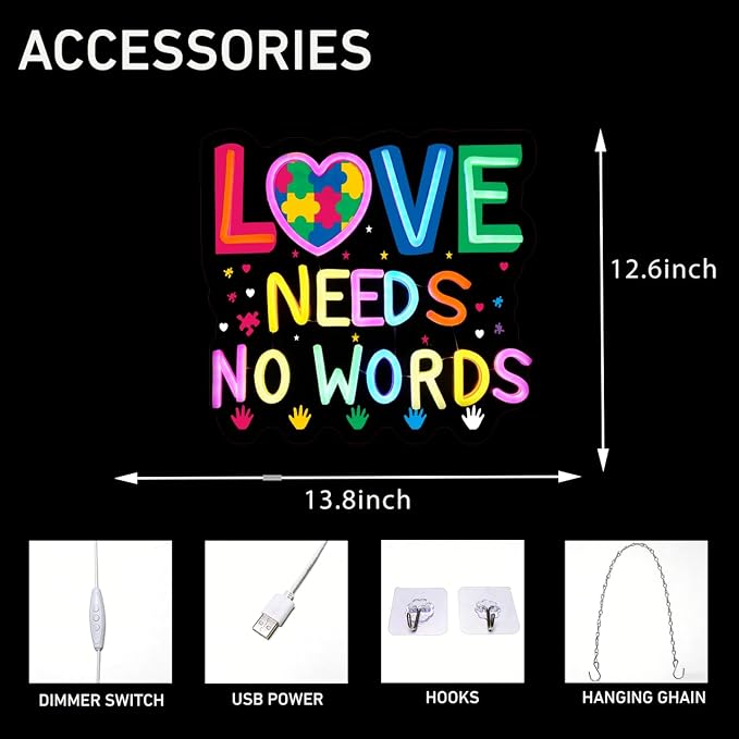 Autism Neon Sign Love Needs No Words Neon Sign for Wall Decor, Dimmable Autism Awareness LED Light Sign for Bedroom Office Classroom, Ideal Gifts for Autistic Children