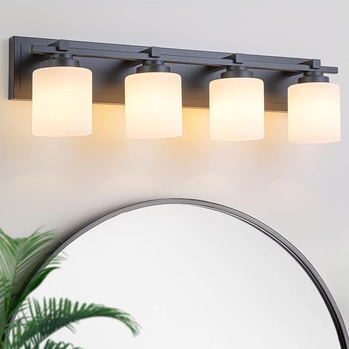 Modern Bathroom Light Fixtures Over Mirror, Vanity Lights for Bathroom Wall Sconces with Milky White Glass Shades, E26 Socket (Bulbs Not Included), 4 Light, Black