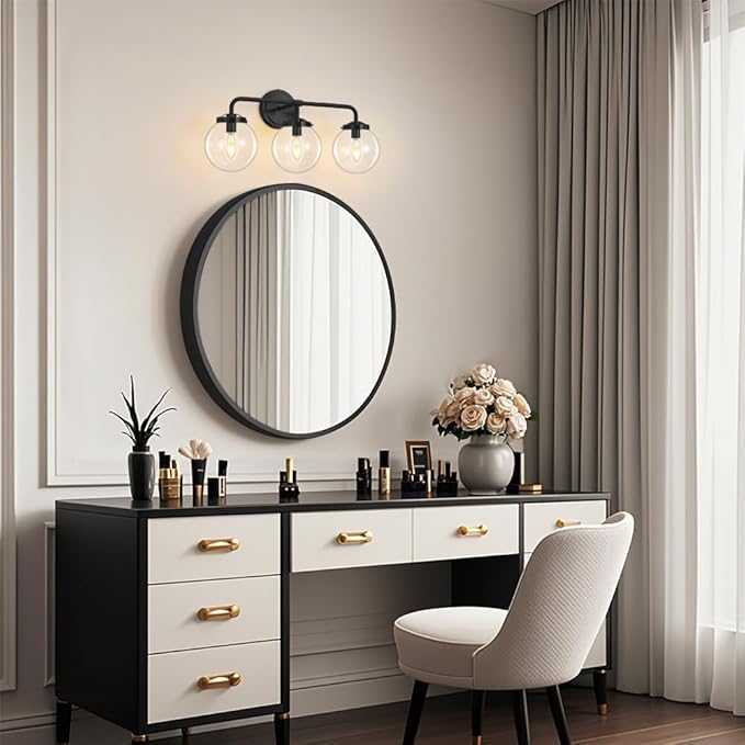 Black Bathroom Vanity Light Fixtures Over Mirror, Modern Matte Black 3 Lights Wall Sconce Lighting with Transparent Glass Ball Shade, Mid Century Farmhouse Vanity Lights