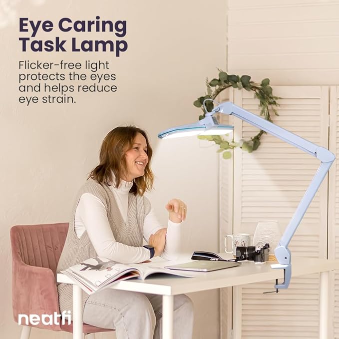 Neatfi Elite HD XL LED Desk Lamp | 3 Light Modes | Non-Polar Dimming | Eye-Caring Desk Light for Home Office, Drafting, Beauty Shop, Workbench (CCT with Clamp, Blue Ring, 17 Inches)