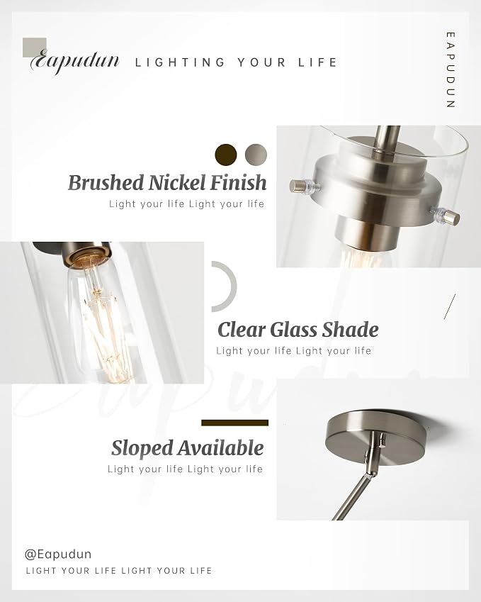 EAPUDUN Pendant Light Fixtures, Brushed Nickel Finish Kitchen Lights Ceiling, Clear Glass Pendant Lights Kitchen Island-PDA1353-A-BNK