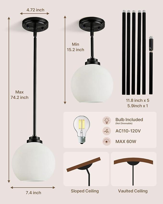 Majade 7.4" Globe Pendant Lights Mid Century Modern Kitchen Island Pendant Light Fixtures 2 Pack Black Brass Pendant Lighting with Milk Glass Adjustable Hanging Light Fixtures for Dining Room
