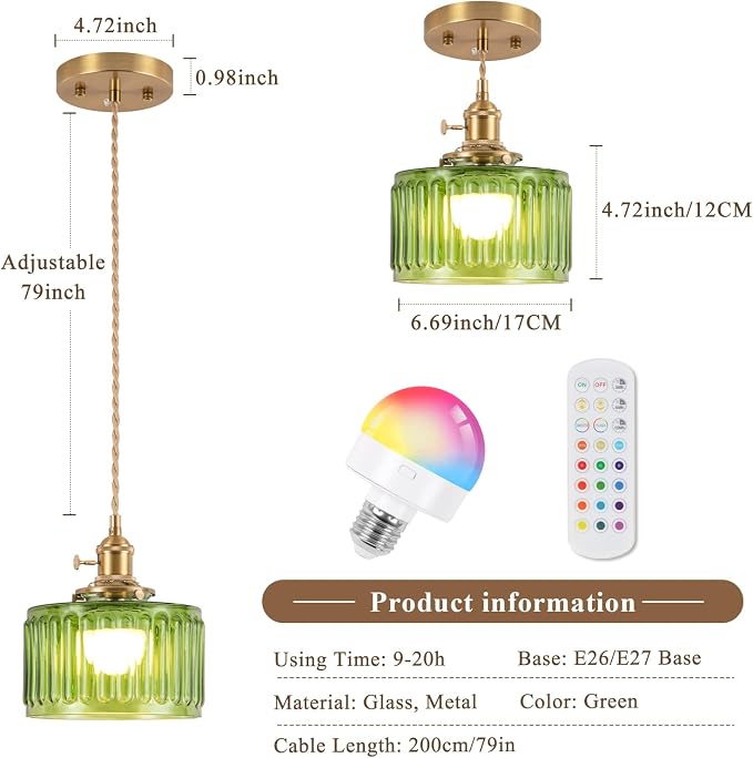 Battery Operated Pendant Light,Vintage Light Fixtures RGB Rechargeable Light Bulb 2500mAh 6.6in with Remote Control Wireless Adjustable Chandelier for Kitchen Island Hallway 1 Light
