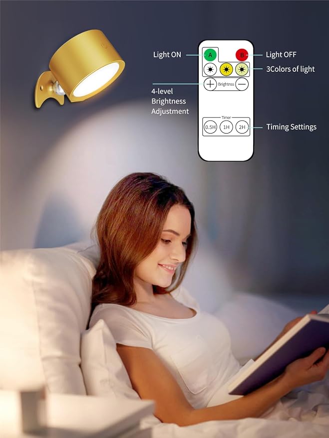 LANMEL LED Wall Mounted Lights,360° Rotating Rechargeable Wall Sconce Lamp | Gold,3CCT,Dimmable,with Remote & Touch Control,USB Wireless Wall Lamp, Suitable for Study,Bedroom,and Bedside Reading