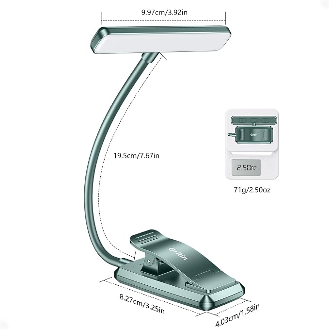 Gritin 19 LED Rechargeable Book Light for Reading in Bed | Eye Caring 3 Color Temps,Stepless Dimming Brightness,Memory Function,90 Hrs Runtime Lightweight Clip on Light-Blackish Green