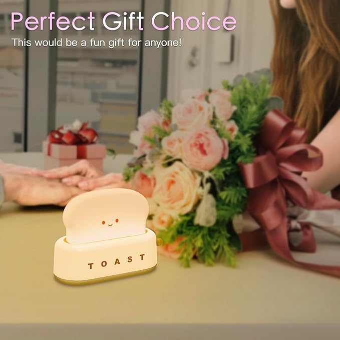 Desk Decor Cute Toast Lamp Small Desk Lamp Night Light for Kids | Rechargeable with Smile Face Kawaii Decor for Bedroom, Table, Bedside, Desk Gifts for Kids and Adults