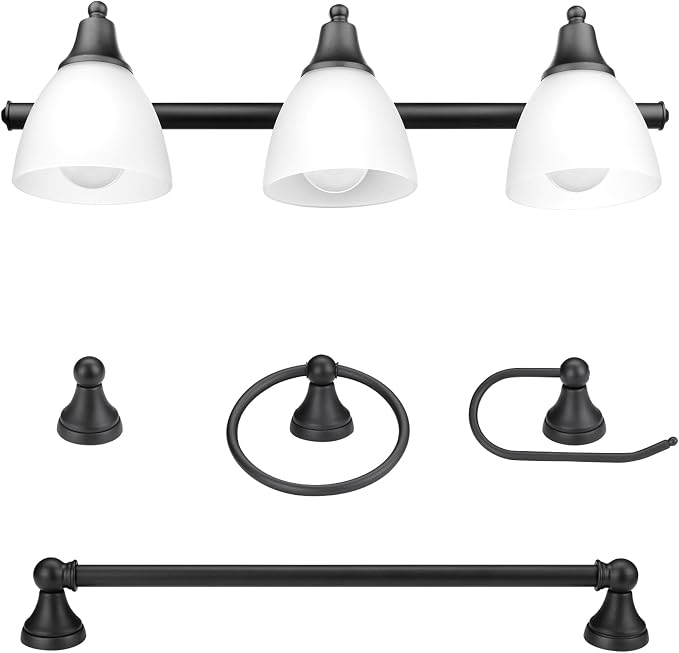 Globe Electric 51227 Jayden 5-Piece All-In-One Bathroom Set, Oil Rubbed Bronze, 3-Light Vanity Light with Frosted Glass Shades, Towel Bar, Toilet Paper Holder, Towel Ring, Robe Hook, Bulb Not Included