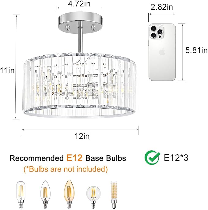 Lxybcce Modern Crystal Ceiling Light, Chrome Semi Flush Mount Ceiling Lighting Fixture, Hallway Light Fixtures Chandelier for Kitchen, Bedroom Dining Room Hallway Closet, 3-Light, 12 Inch