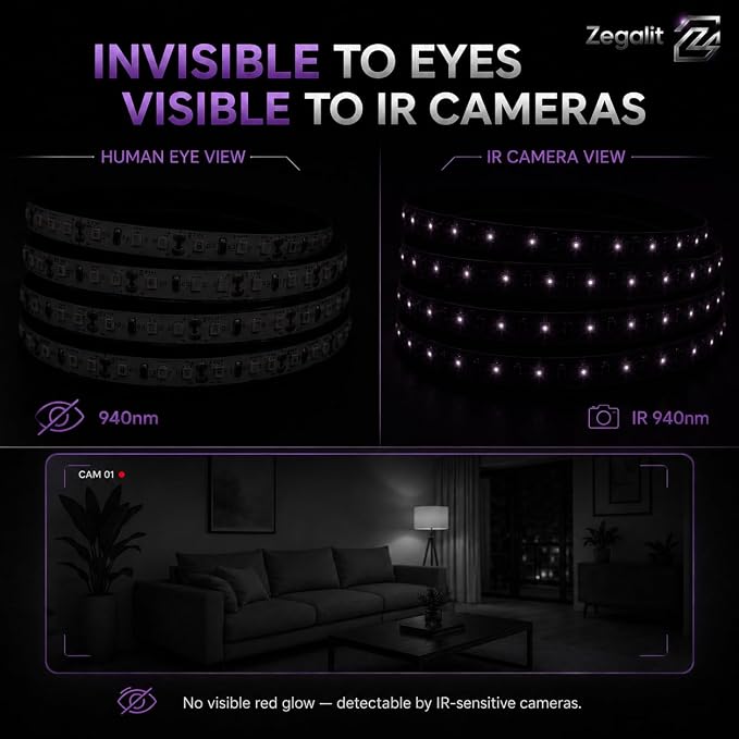 940nm IR Illuminator LED Strip Light, 600 LEDs High Density Infrared Tape (SMD 2835), Zero Glow Invisible Night Vision for Covert Security Camera, Wildlife, VR Tracking, 16.4ft/5m 12V