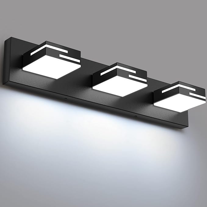 LED Modern Bathroom Vanity Light Fixtures, 3-Light 22-inch Dimmable Matte Black Vanity Lights for Bathroom Lighting Fixtures Over Mirror, with 350° Rotatable Acrylic Heads (Cool White 6000K)