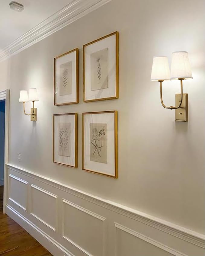 Vintage 2-Lights Wall Sconces with Funnel Linen Fabric Shades, Double Head Bathroom Vanity Lights Fixture, Indoor Wall Lamps for Bedroom Living Room Hallway Stairway
