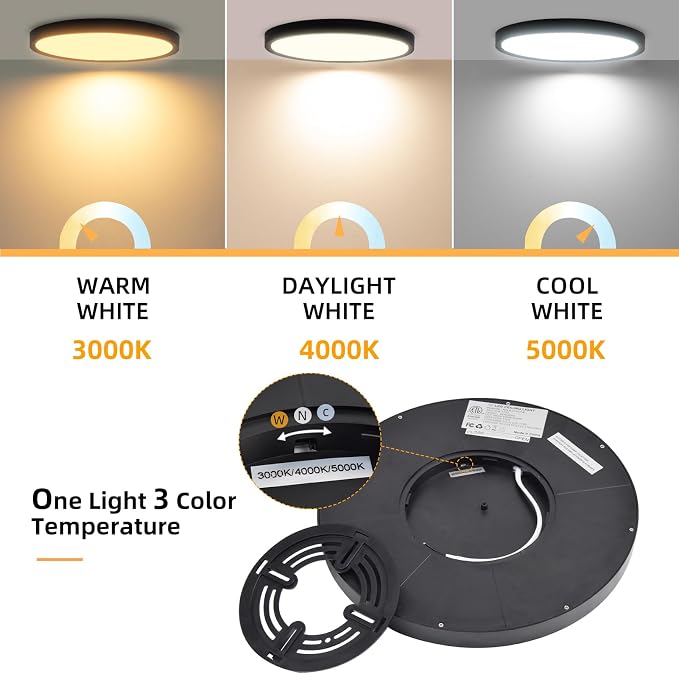 Hlite 12 Inch Flush Mount LED Ceiling Light,2400LM,3CCT,4 Pack | 24W 3000K/4000K/5000K Selectable,Low Profile Ceiling Light Fixtures for Kitchen Bedroom Hallway Laundry Room Closet,Black