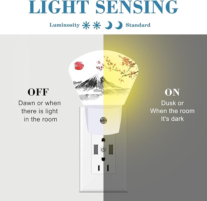 Mountains Ink Painting Night Light Plug into Wall, Cherry Blossom Tree Night Light with Dusk to Dawn Sensor for Kid Girls Boys Women Men Bedroom, Hallway, Kitchen, Bathroom, Stairs Decor