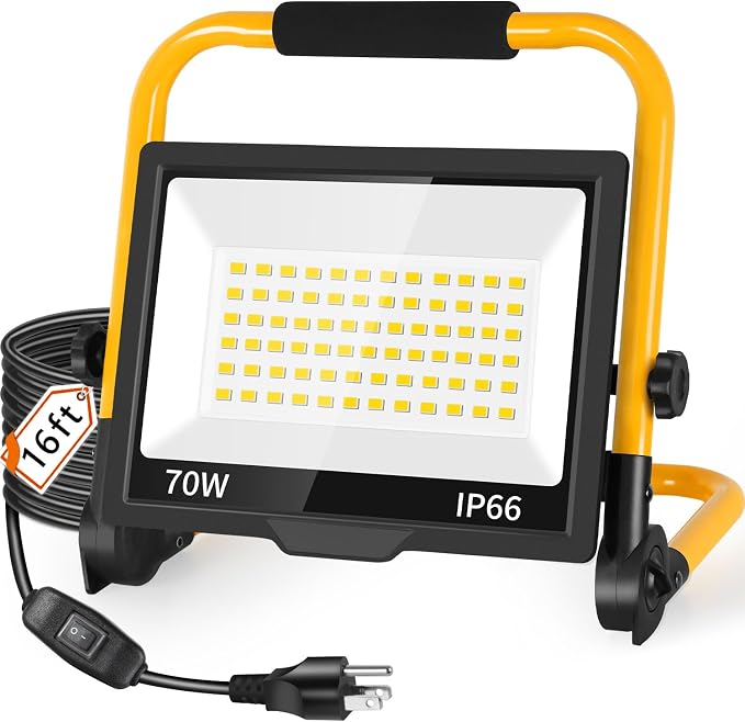 8400LM LED Work Light with 16FT Cord & Switch, IP66 for Garage Workshop | 70W Flood Light Outdoor, Portable Job Site Lighting with Stand, 5000K Daylight Worklight for Construction Car Repairing