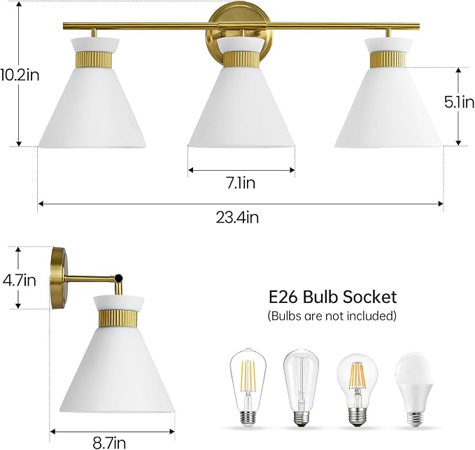 WOSHITU Bathroom Vanity Light Fixtures: 3-Lights Mid Century Modern Vanity Lights for Bathroom Over Mirror, Brushed Gold Wall Sconce Lighting with Frosted Milky Glass Shade for Bath Living Room